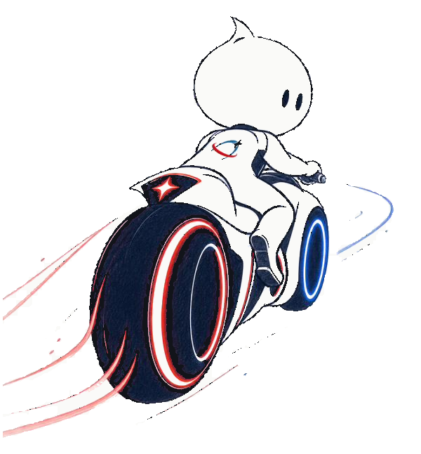 Illustrazione Nova: il mascotte in sella a una moto futuristica